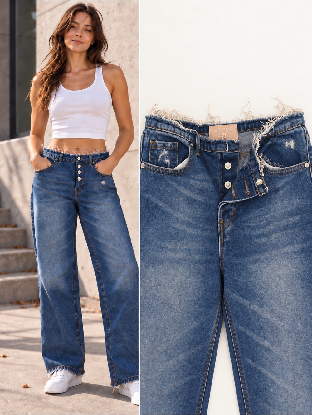 Revice Denim Frayed Waistband Exposed Button Fly Relaxed Jeans